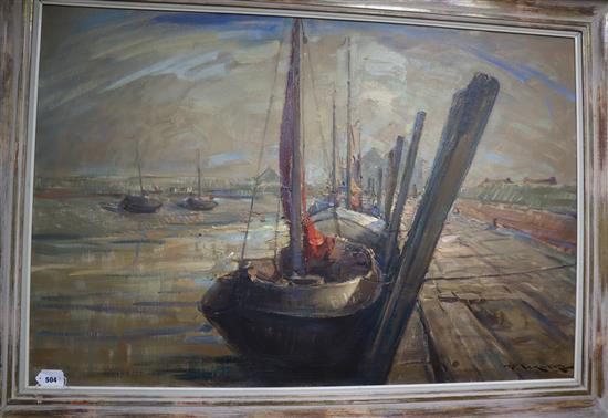 Pierre Verbeke (Belgian 1895-1962) Fishing boats in harbour 79 x 118cm